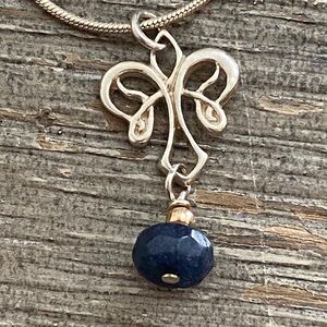 Vintage 925 Silver Chain Wendy Wise Dainty Deep Blue Sapphire Pendant Necklace